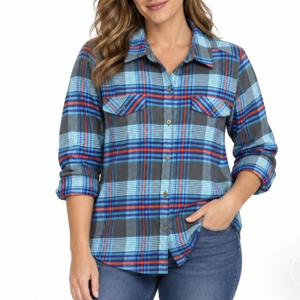 LL Bean Whisper Lodge Blue Plaid Flannel Button Up Shirt Pockets LARGE